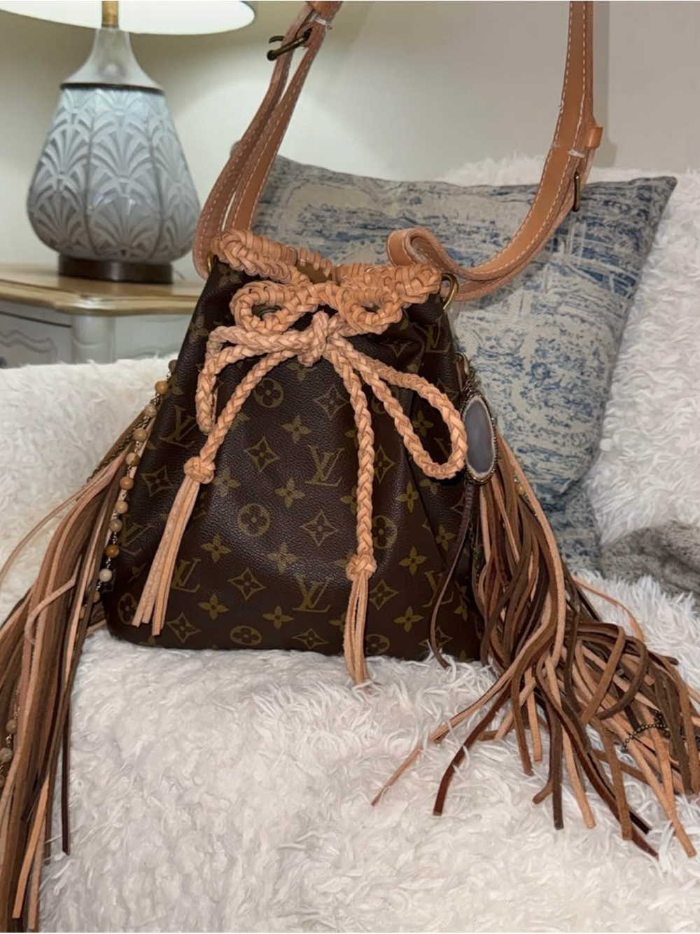 Louis Vuitton Monogram Drawstring Bucket Bag with Tan Braided Trim and Fringe - Picture 3 of 11